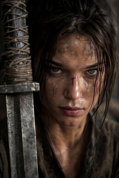 Fierce warrior woman glares intensely with gritty battle-worn face