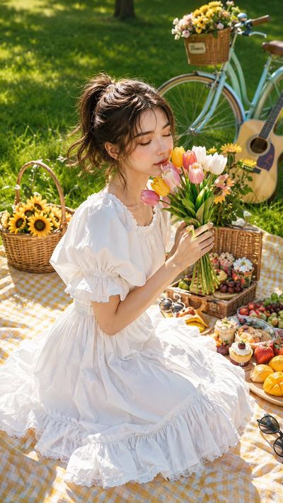 Young woman smells tulips at a sunny picnic in the park.