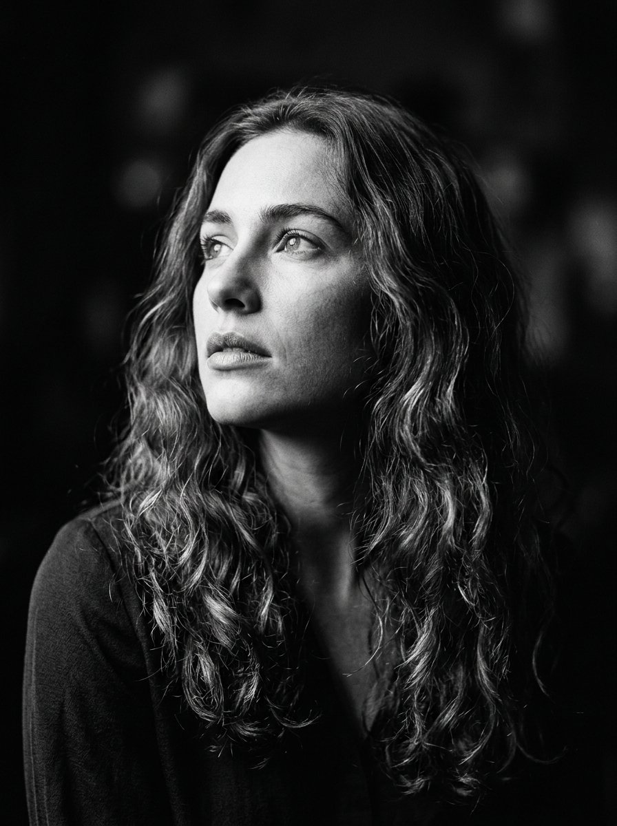 Woman with wavy hair gazes upward in dramatic chiaroscuro portrait