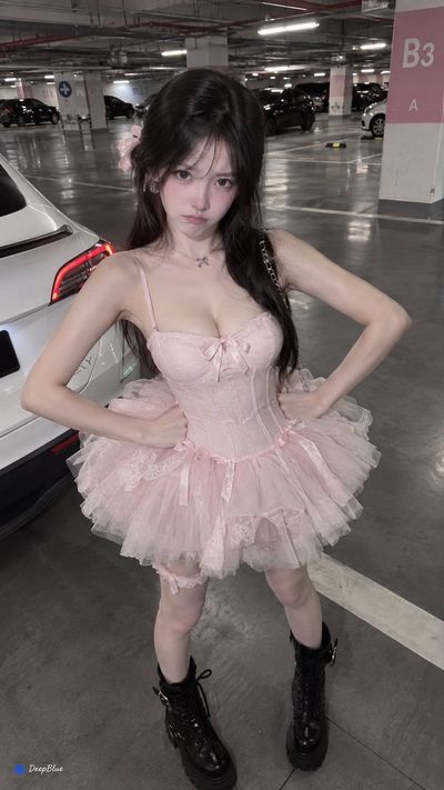 Pink ballet skirt and black boots in a parking garage