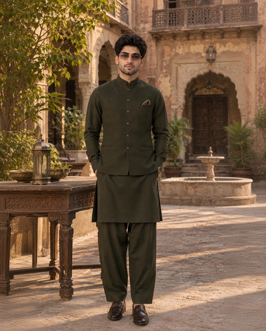 Confident South Asian Man in Olive Waistcoat at Haveli Courtyard