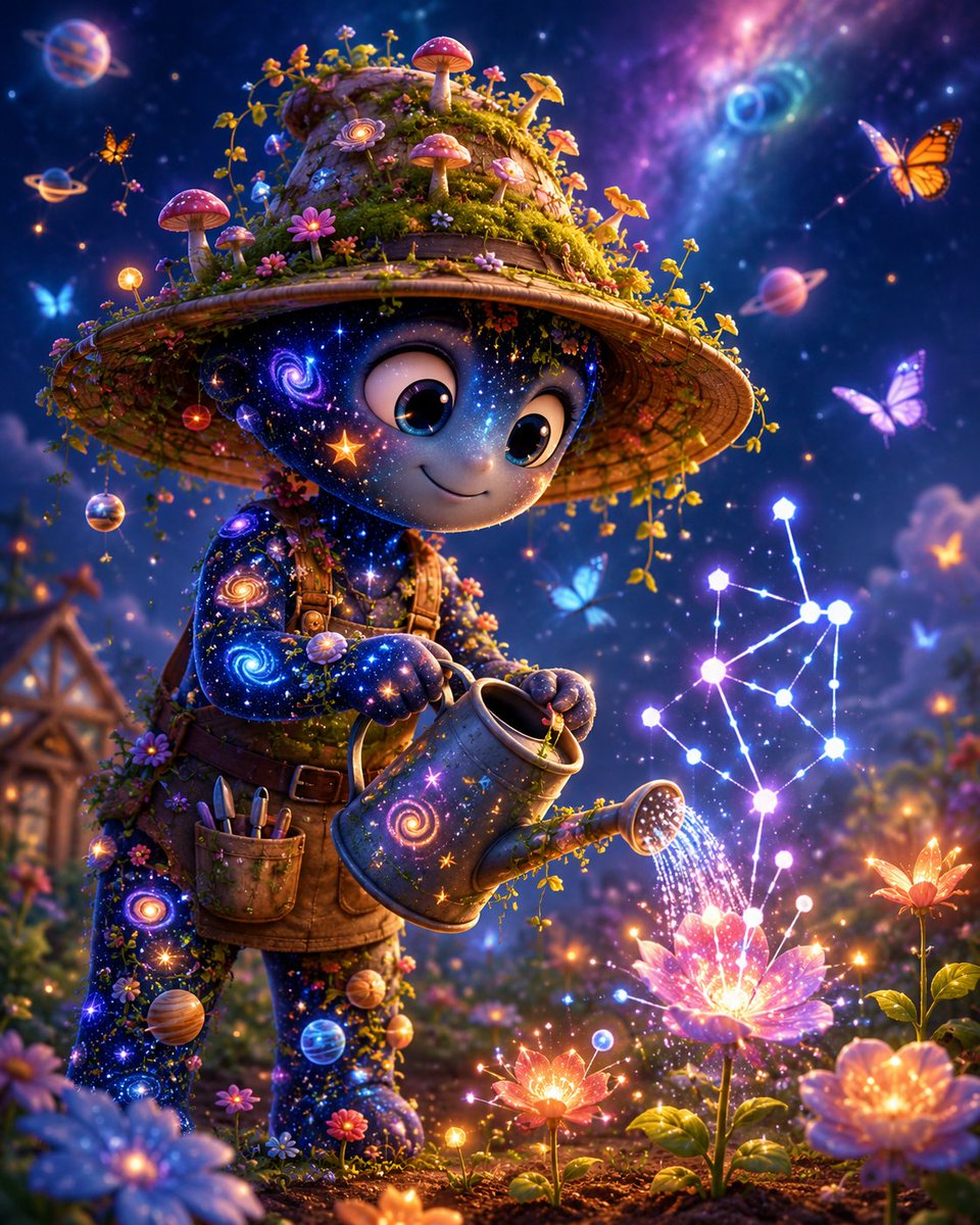 A cosmic gardener waters flowers that bloom into constellations