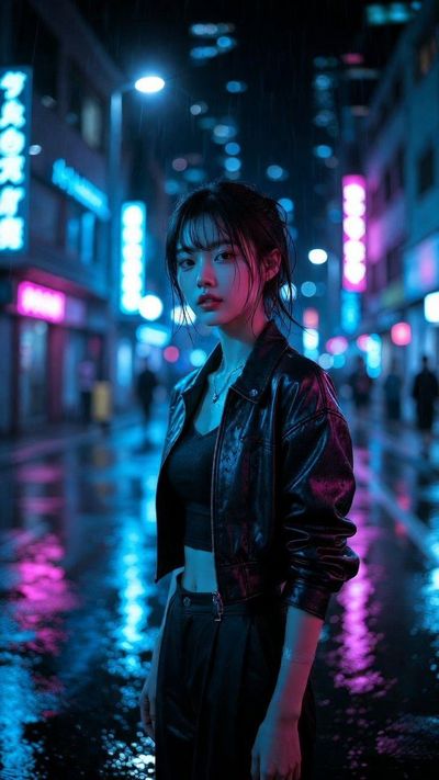 Neon Nights: Korean Street Style in a Rain-soaked City