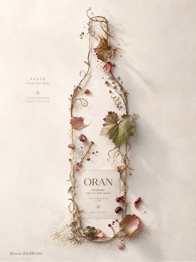 Delicate vine branches form a wine bottle silhouette on pale dust