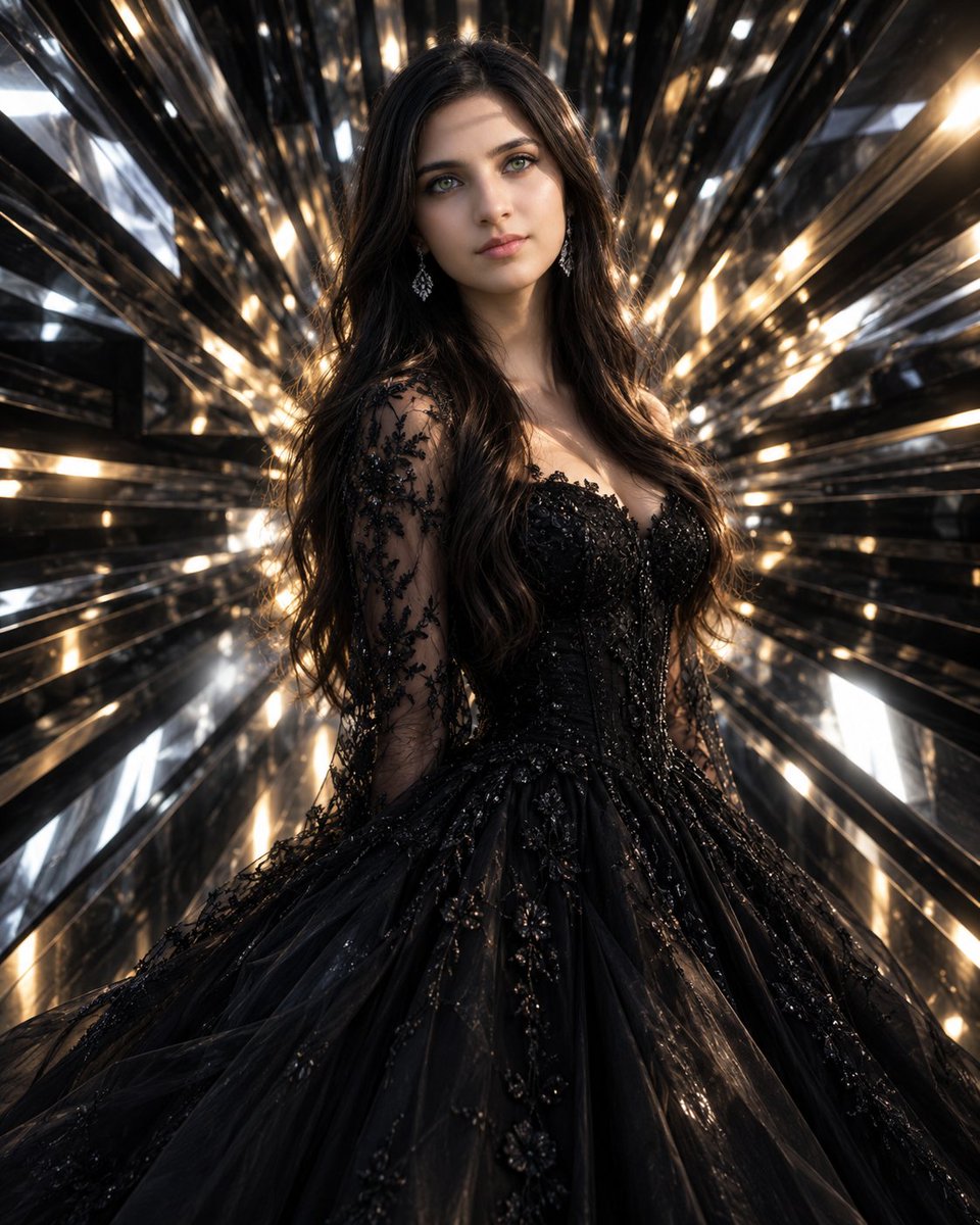 Elegant Woman in Black Ball Gown Poses in Futuristic Mirror Room
