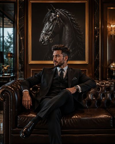 Confident young man in black suit sits on leather sofa