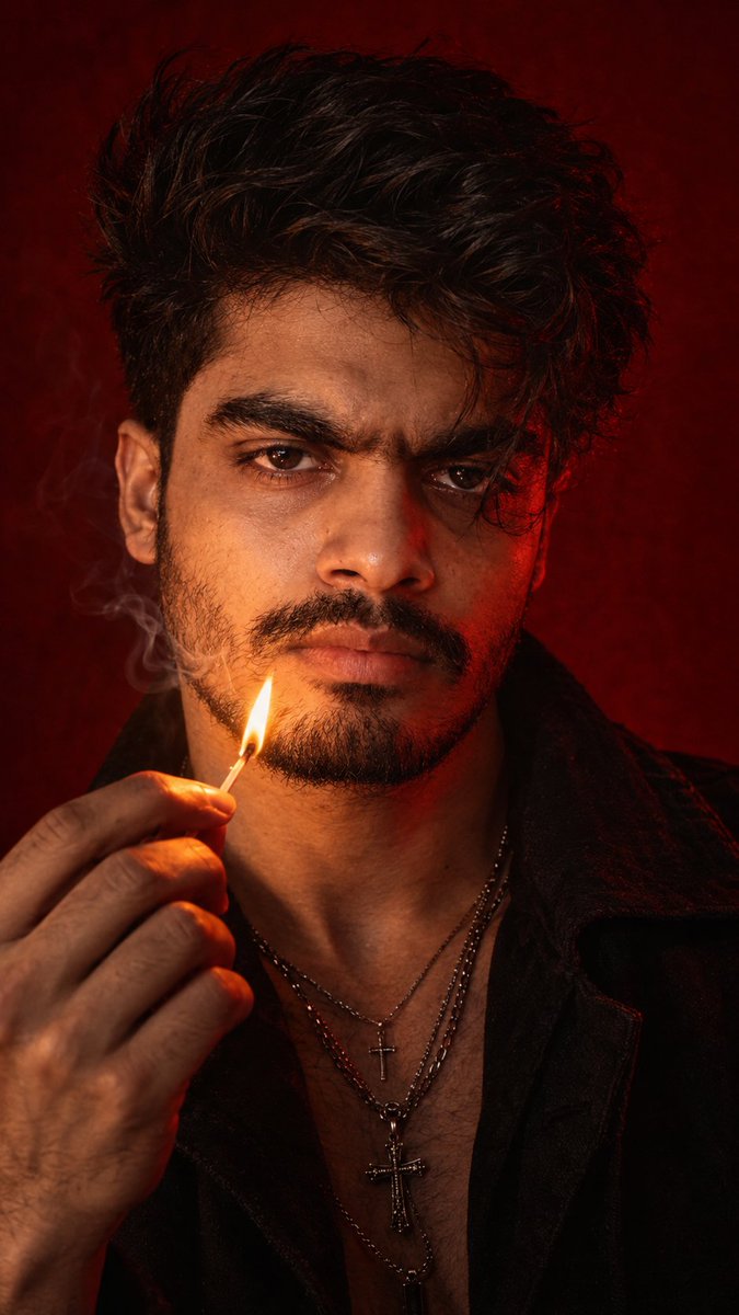 Intense young man holds a lit match against deep crimson backdrop