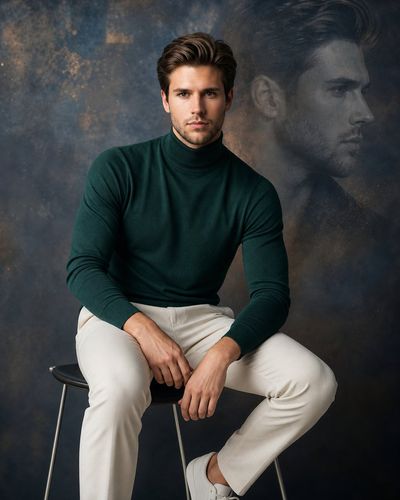 Cinematic Studio Portrait of a Handsome Man in Emerald Turtleneck