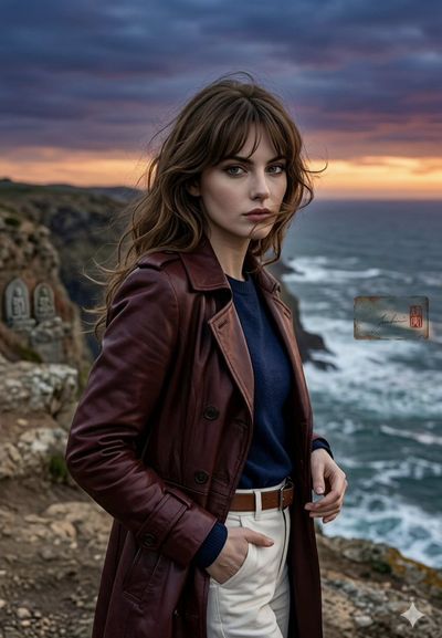 A serene woman in a leather coat gazes at sunset waves