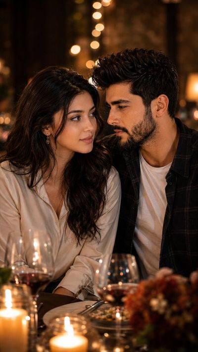 A couple shares an intimate candlelit dinner with loving gazes.