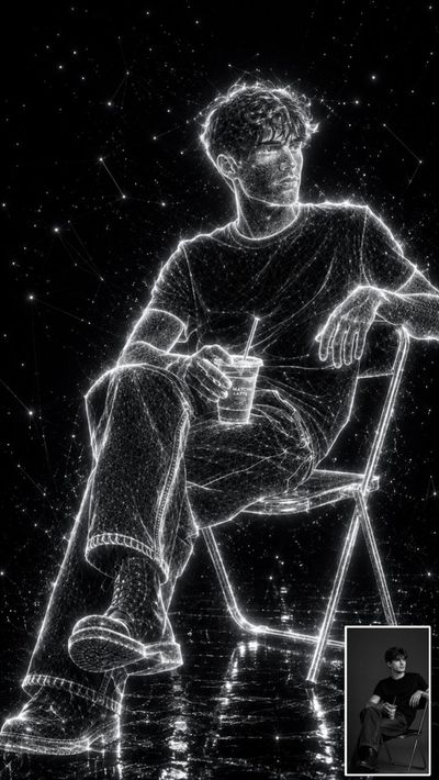 Holographic white wireframe portrait glows against a deep black background