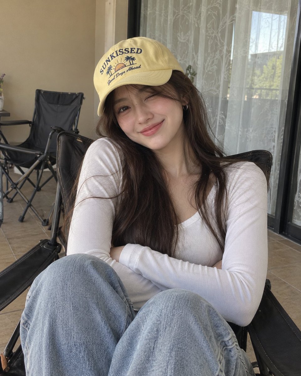 Young woman in yellow cap smiles on folding chair indoors