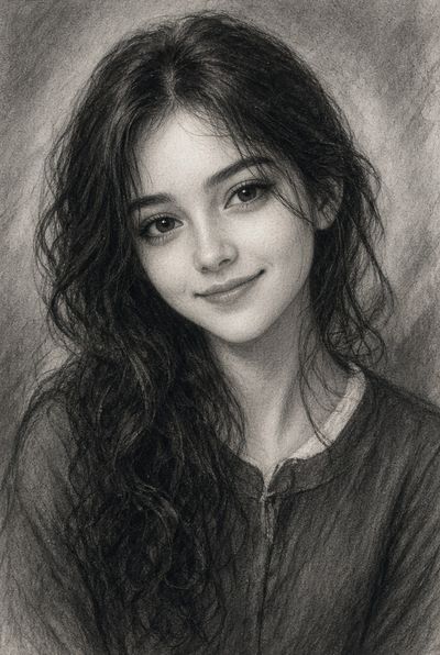 Charcoal Portrait of a Smiling Young Woman with Dark Wavy Hair
