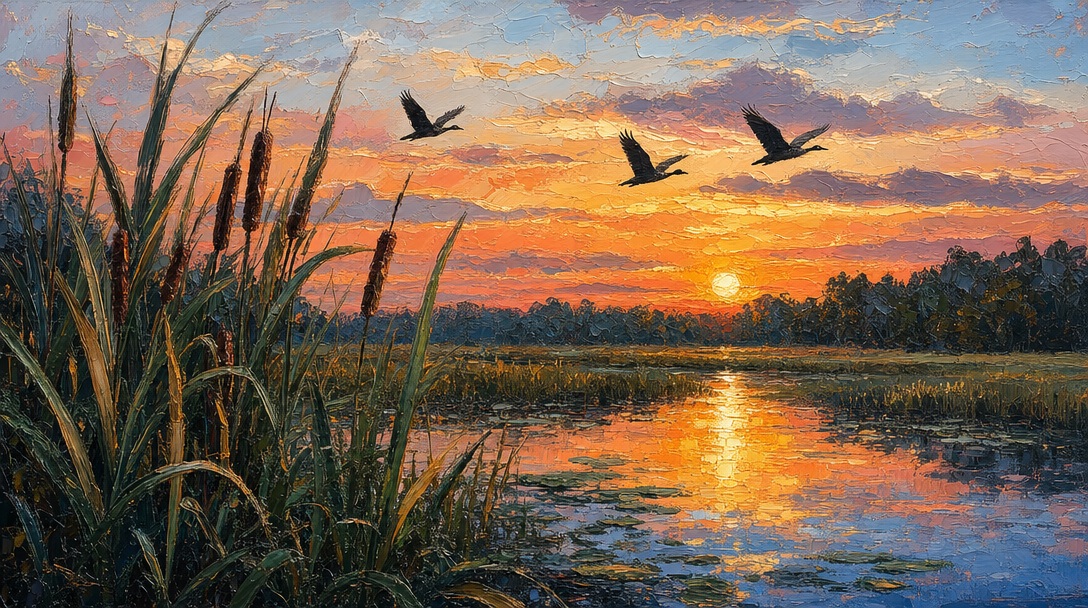 Vivid Impasto Landscape: A Marsh at Sunset with Silhouetted Birds
