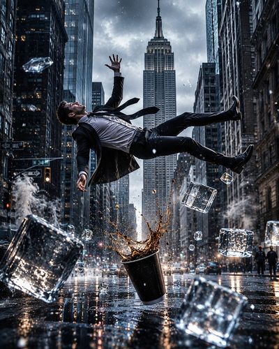Businessman floats horizontally above rain-soaked Manhattan street at dusk