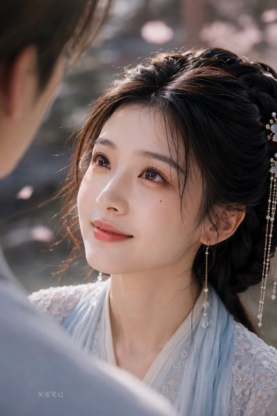 A classical Chinese beauty blinks softly in warm courtyard light