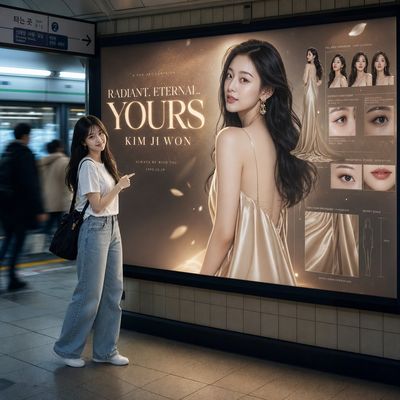 A traveler points proudly at their own image on a subway ad