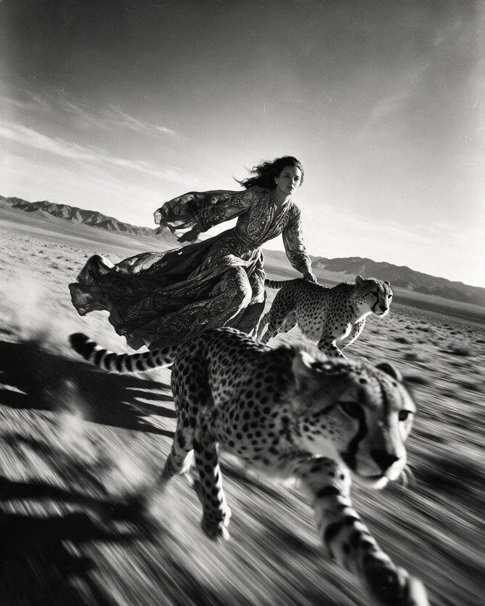 Woman in flowing couture rides with cheetahs across desert.
