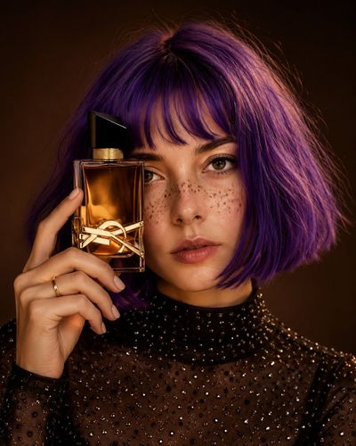 Wareen holds her golden perfume bottle in a close-up luxury portrait.