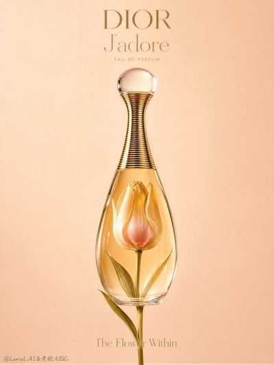 A single tulip floats inside Dior's iconic golden perfume bottle