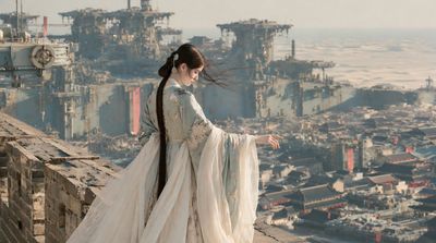 Woman in Hanfu overlooks ancient industrial megacity from stone wall