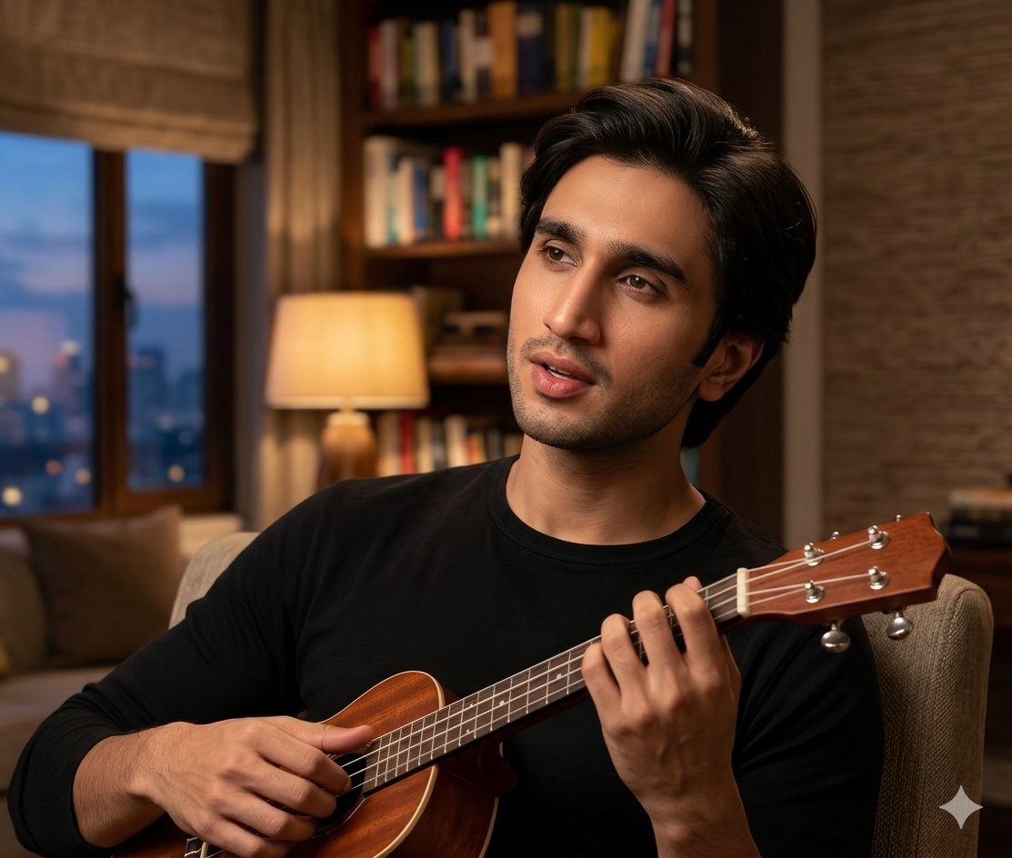 Soulful Musician in Twilight Ambiance with Ukulele
