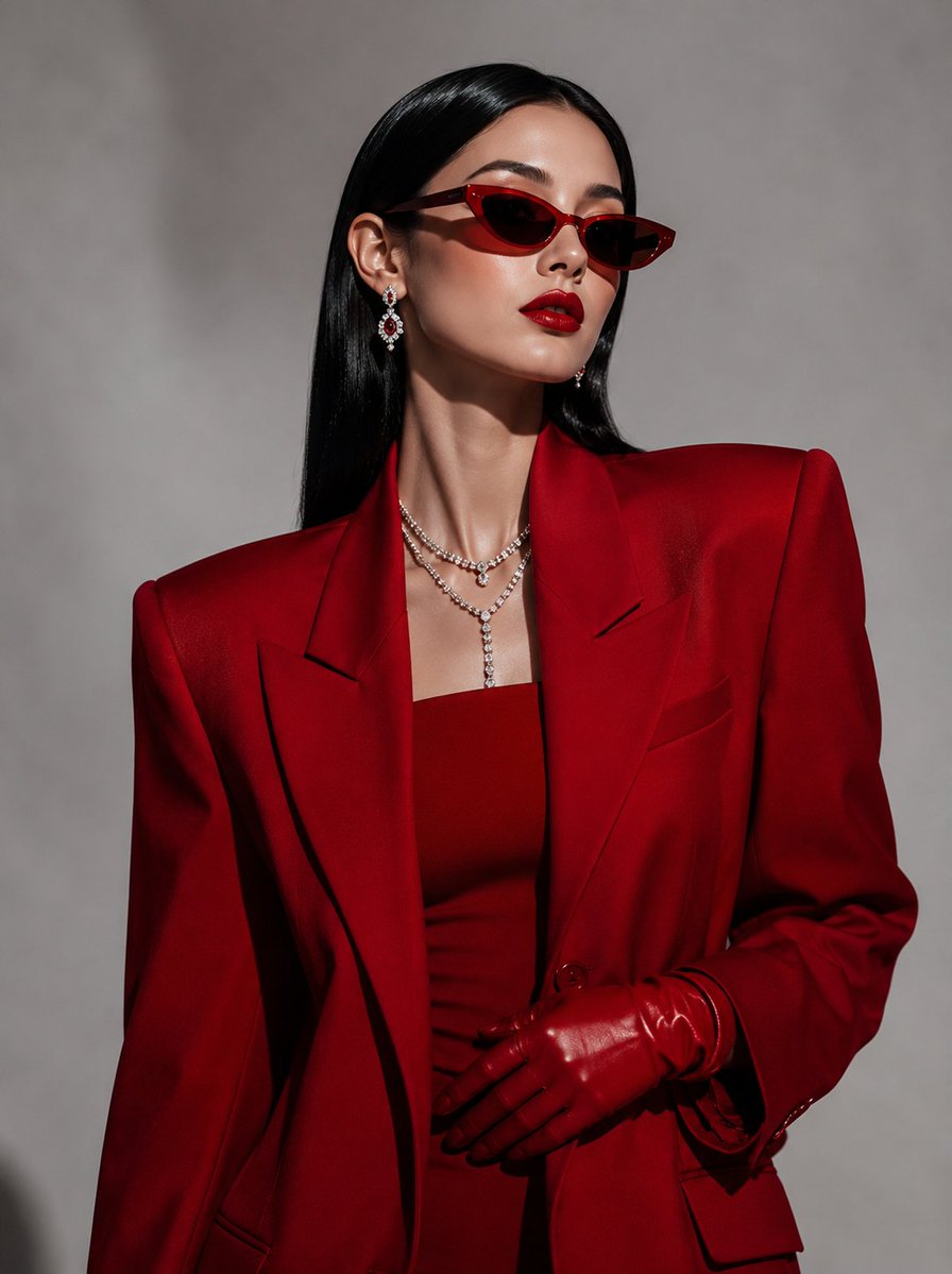 Woman in crimson blazer poses with cold confidence
