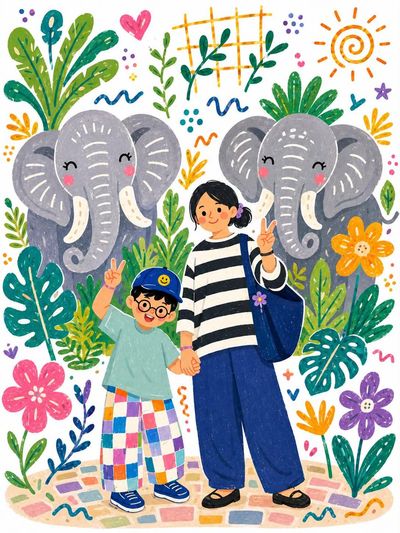 Mother and daughter make peace signs with smiling elephants in a magical jungle.