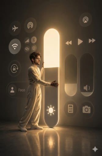 A man adjusts a giant glowing brightness slider in a surreal room