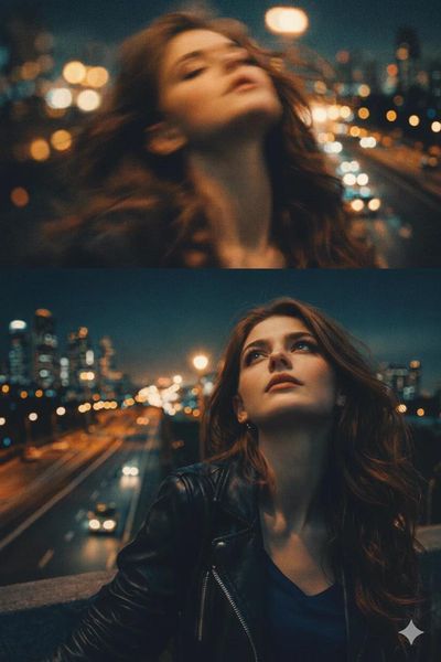 Cinematic Dual-Frame Portrait of a Woman at Night