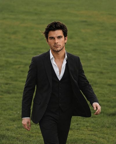 A handsome man strides through a golden field in a tailored black suit.