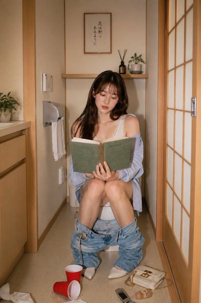 Young Woman Reads Green Book on Toilet in Japanese Restroom