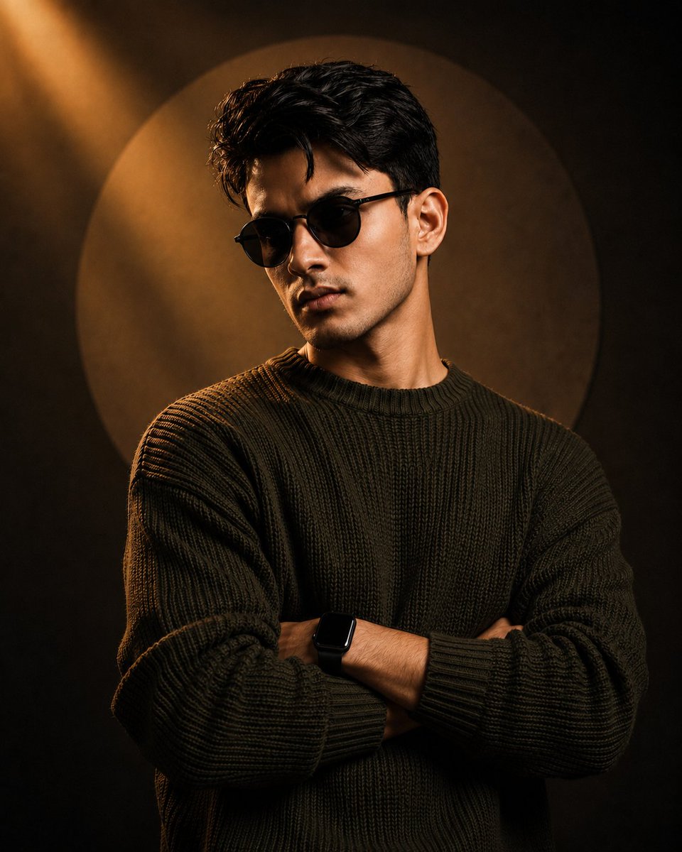 A confident man in olive knitwear stands bathed in golden spotlight