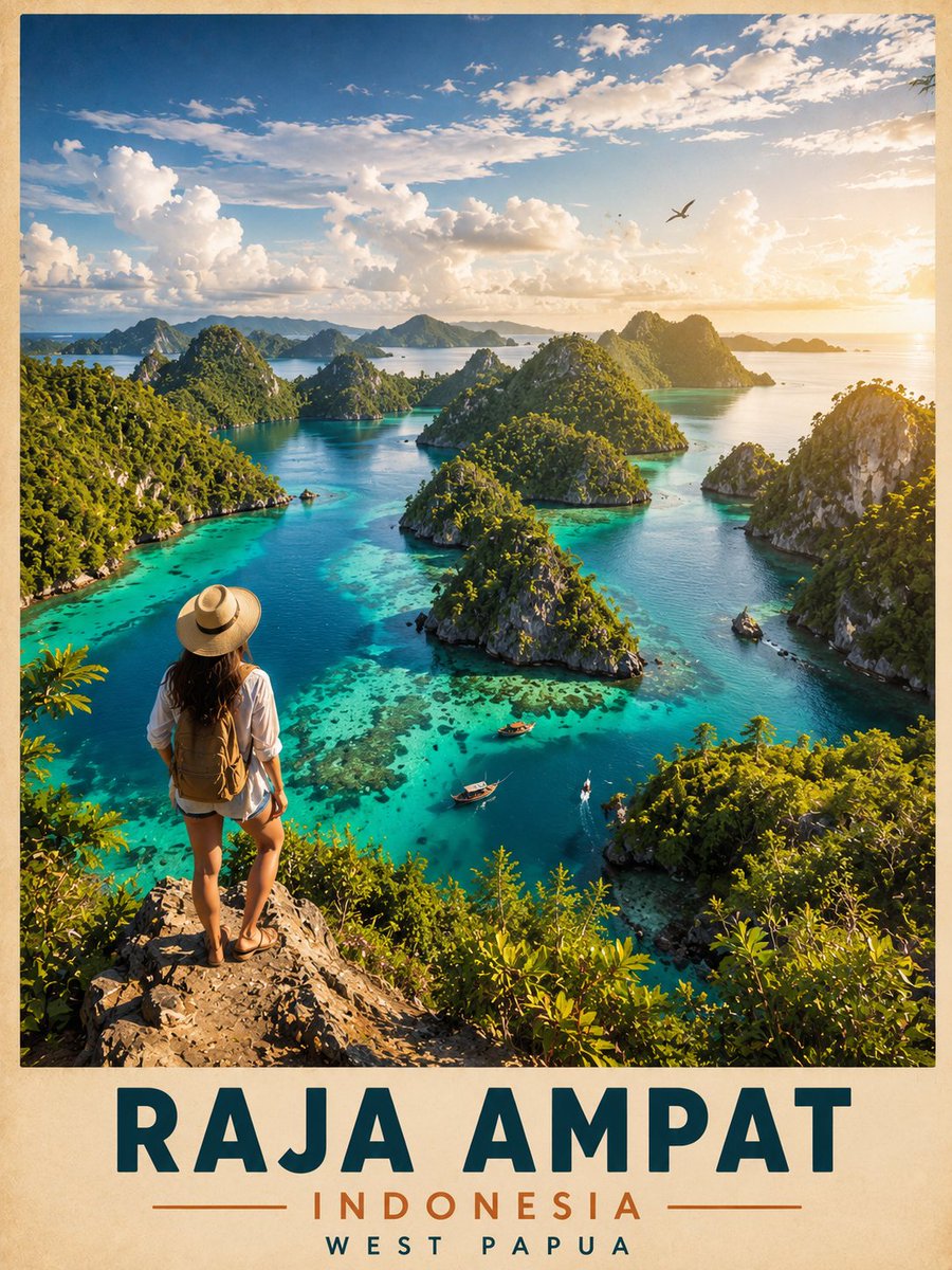 A lone traveler gazes at Raja Ampat's turquoise lagoon from a high cliff.