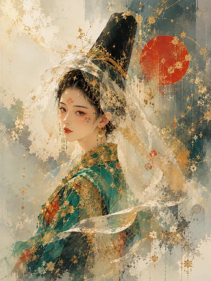 A Korean royal princess poses gracefully in emerald and gold hanbok