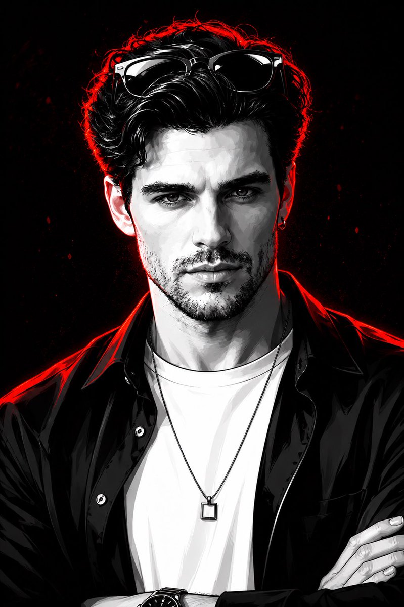 A man in monochrome vector with red neon rim lighting