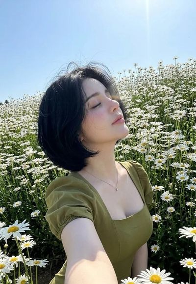 Sunlit daisies frame a porcelain-skinned woman in olive dress