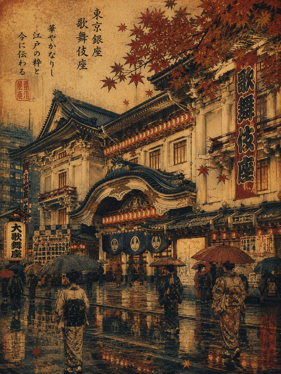 Tokyo Dome glows warmly under autumn rain in ukiyo-e style