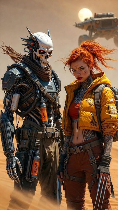 Cyberpunk Desert Duelists in Twin Sunlight