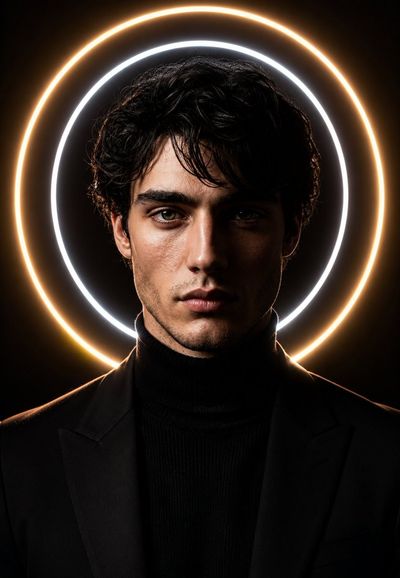 A man with hypnotic gaze stands framed by dual light rings