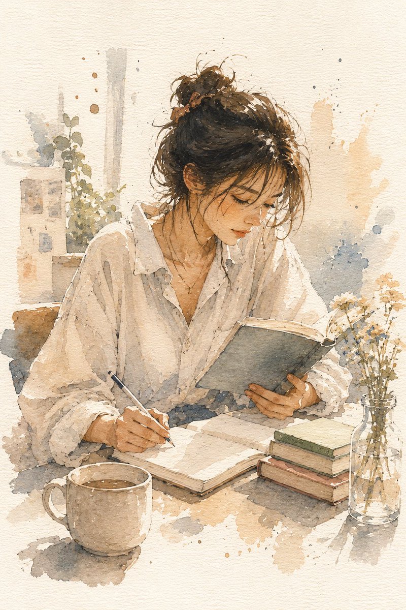 A young woman reads and writes in a cozy morning scene