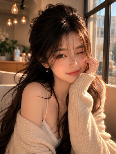 Young woman with wavy hair winks playfully beside sunlit window