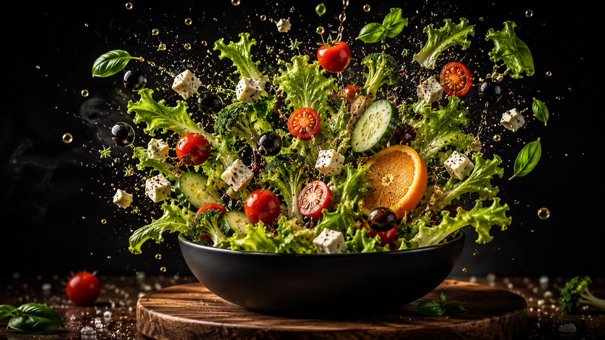 Fresh salad ingredients explode upward from a black bowl