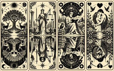 Symmetrical woodcut splits light and dark divine realms.