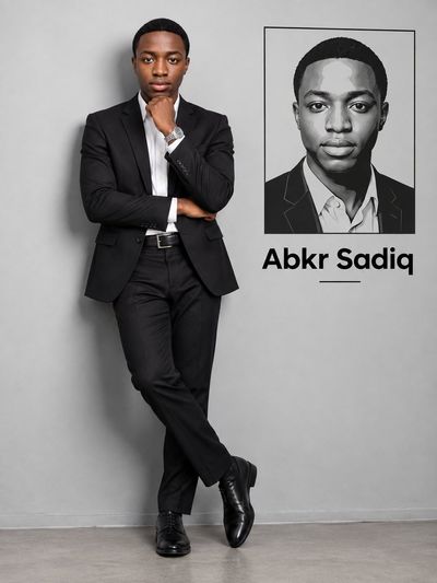 Man in Black Suit Poses Against Gray Studio Wall