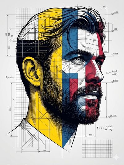 Architectural Blueprint Portrait of a Bearded Man