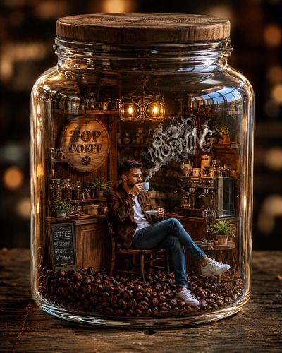 A man sips coffee inside a glass jar coffee shop