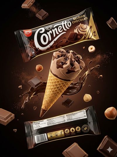 Cornetto Belgian chocolate cone floats in dark studio glow