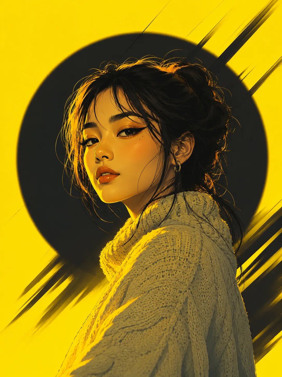A bold woman stares forward with dramatic front lighting