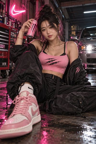 Low-angle shot of pink sneaker in neon-lit garage with can
